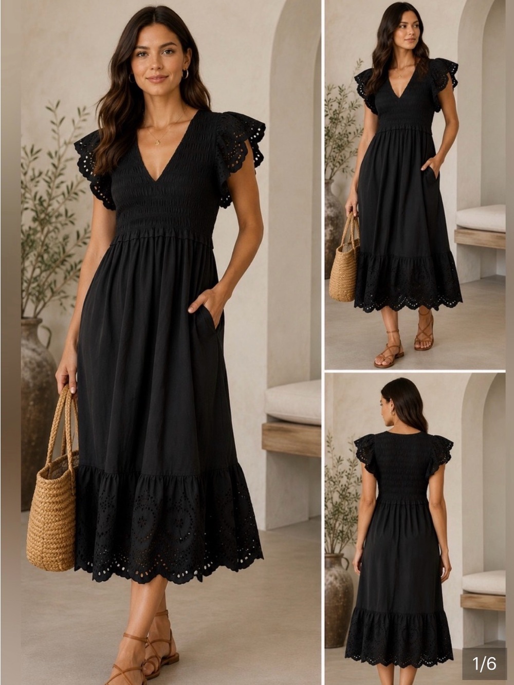Rails Clementine Black Midi Dress with Smocked Bodice size L